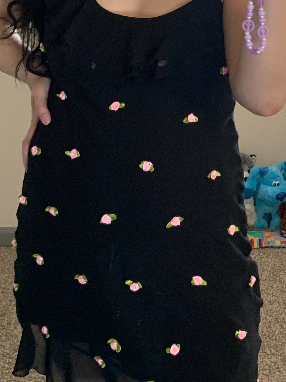 Black Floral Embroidered Dress - Pink Rose Accents